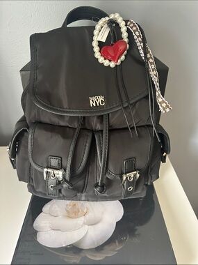 NYC Madden Black Nylon Backpack with Pearl Heart Charm